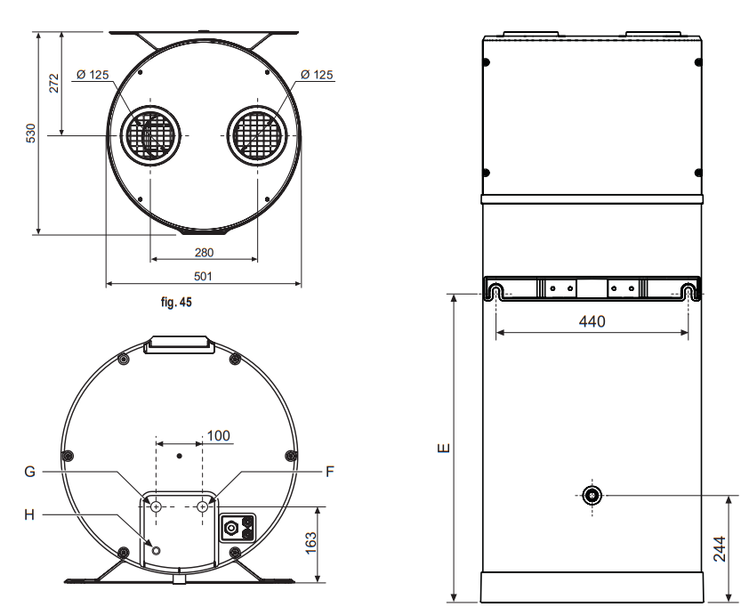 Dimensiones y conexiones de la Bomba de Calor Aerotermia ACS COINTRA OASIS TECH LT